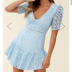 Saints + Secrets Ruffle Hem Dress Puff Sleeve Blue Floral Embroidery Mesh Large